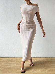 Chiquease Asymmetrical Neck Ribbed Knit Ruched Dress - Apricot - View 1