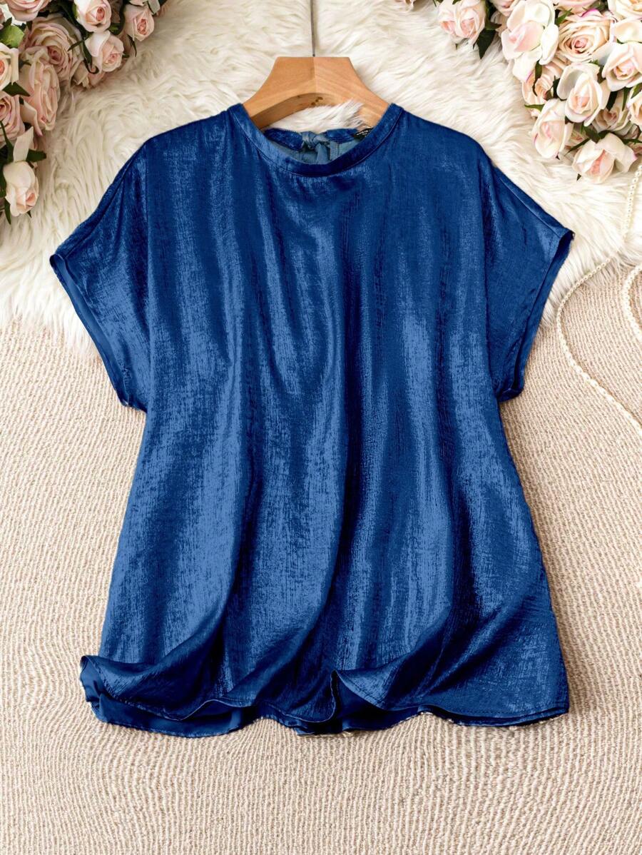 SHEIN Clasi Blusa de verano de manga murciélago Jacquard para mujeres con tallas grandes - Azul Marino - Ver 1
