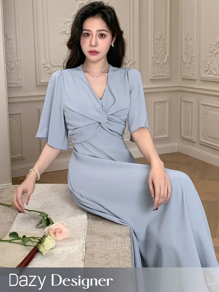 Women's V-Neck Twisted Design Long Dress With A Sense Of Design Summer Elegant Dress