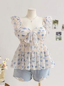 Soleia Multi-Color Textured Blue Floral Pleated Cap Sleeve Butterfly Tie Waist A-Line Plus Size Shirt, Romantic Casual Vacation Curve Blouse - Multicolor - View 3
