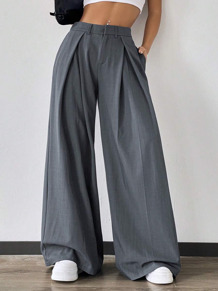 SHEIN EZwear 高腰寬腿折皺純色長褲,流暢輪廓,休閒風格 - 黑色 - 查看 1