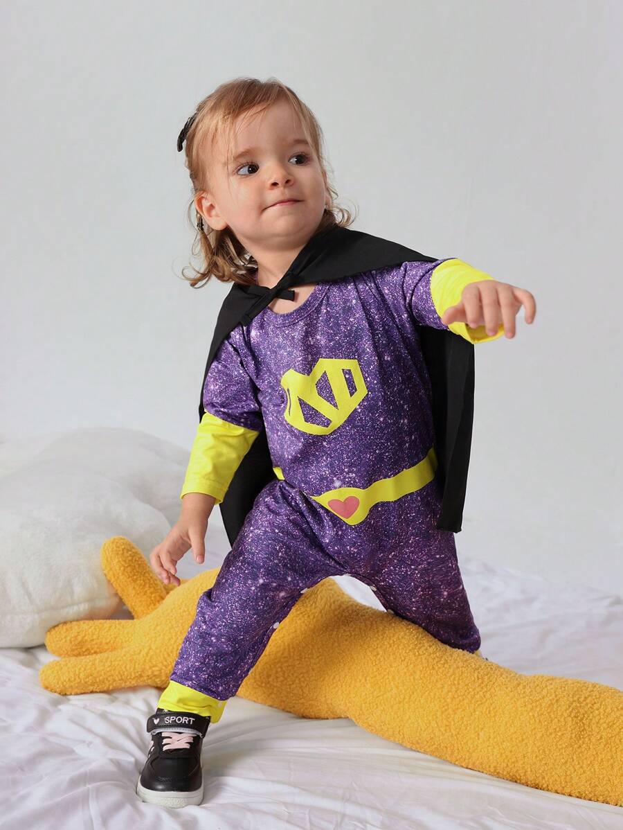 SHEIN 嬰兒女童編織休閒簡約連身衣，街頭風格，拼接色彩，超級英雄主題，長袖，春秋裝 - 紫色 - 查看 1