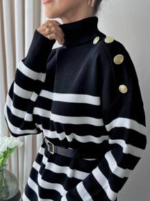 EURMUSE Women's Knitwear Dress With Gold Coloured Buttons - Black and White - View 2
