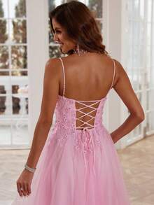 Vestido Longo de Formatura Elegante com Alças Finas Rosa, com Corpete Bordado e Saia de Tule com Babados, Perfeito para Festa - Rosa chiclete - Visão 5