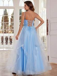 Luxury Lace Prom Dresses Long With Puffy Hem 3D Flower Rhinestone Spaghetti Strap Tulle Ball Gown Hand Beading V Neck Formal Evening Gowns Lace Up Back Homecoming Dresses For Teens - Baby Blue - View 3