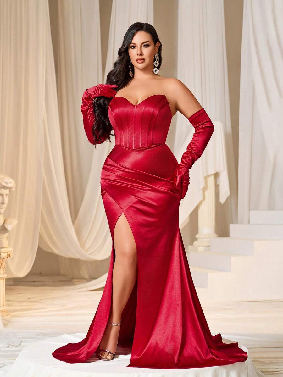 Faeriesty Váy dạ hội trang trọng cỡ lớn không dây cong có đường xẻ cao và viền váy đuôi cá dành cho tiệc tối Gala, lễ trao giải, tiệc khiêu vũ, tiệc từ thiện và tiệc chiêu đãi sang trọng (bao gồm găng tay) - Đỏ - Xem 1