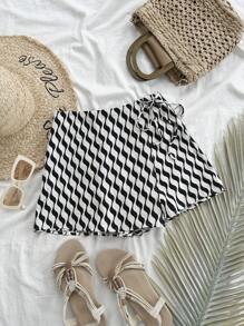 Soleia Women's Casual Wave Pattern Print Shorts With Front Ruffle Trim And Tie-Side - Multicolor - View 1