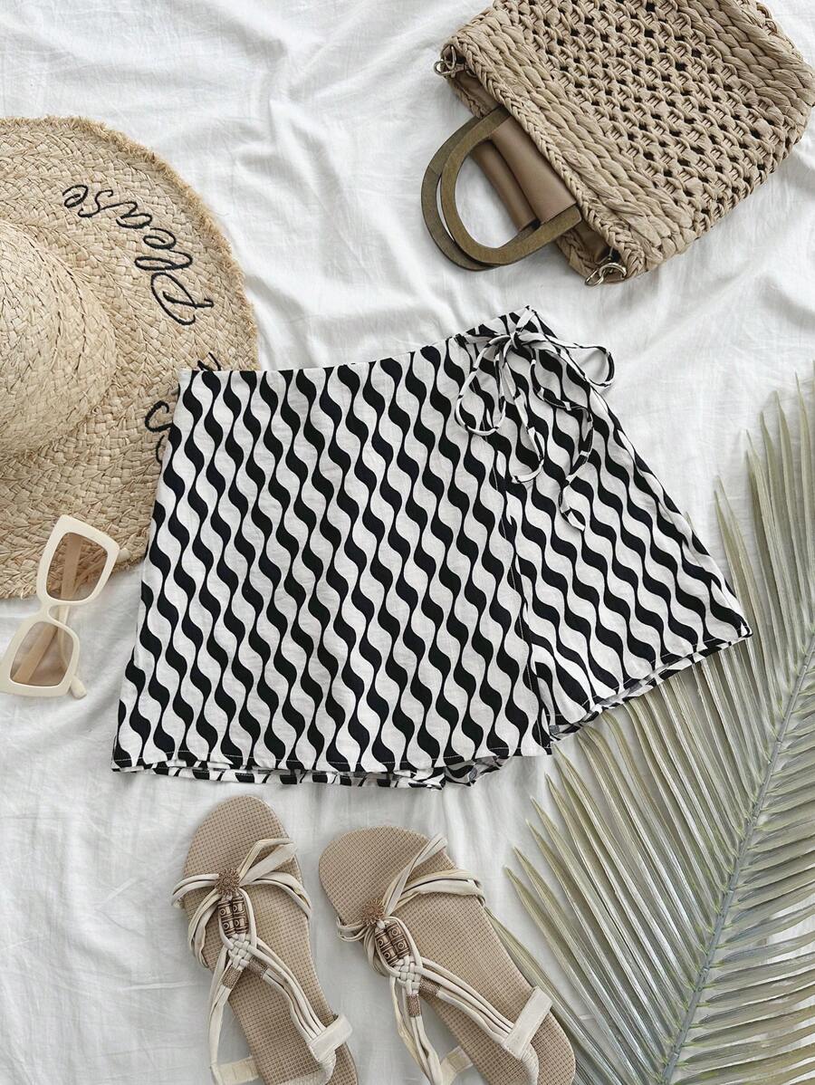 Soleia Women's Casual Wave Pattern Print Shorts With Front Ruffle Trim And Tie-Side - Multicolor - View 1