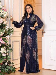 Abito lungo con maniche e scollo a V piccolo con paillettes, abito arabo taglio non posizionato, disponibile in taglie comode