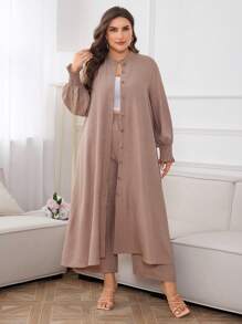 Al Najma Plus Solid Button Front Coat & Pants For Summer, Modest Longline Shirt Set 2 Pieces Set - Khaki - View 5