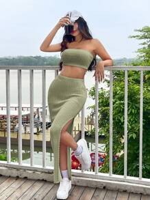SHEIN EZwear Conjunto de top tubo sólido y falda con abertura en el muslo para moda de verano - Verde militar - Ver 6