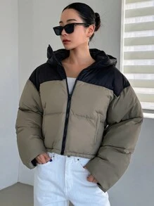 DAZY Abrigo corto acolchado con capucha y bloques de color para mujer, ropa de invierno, ropa de invierno para mujer, abrigo acolchado chaqueta para mujer escuela - Verde Oliva - Ver 10