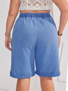 SHEIN Privé Plus Drawstring Waist Roll Hem Denim Shorts - Medium Wash - View 2