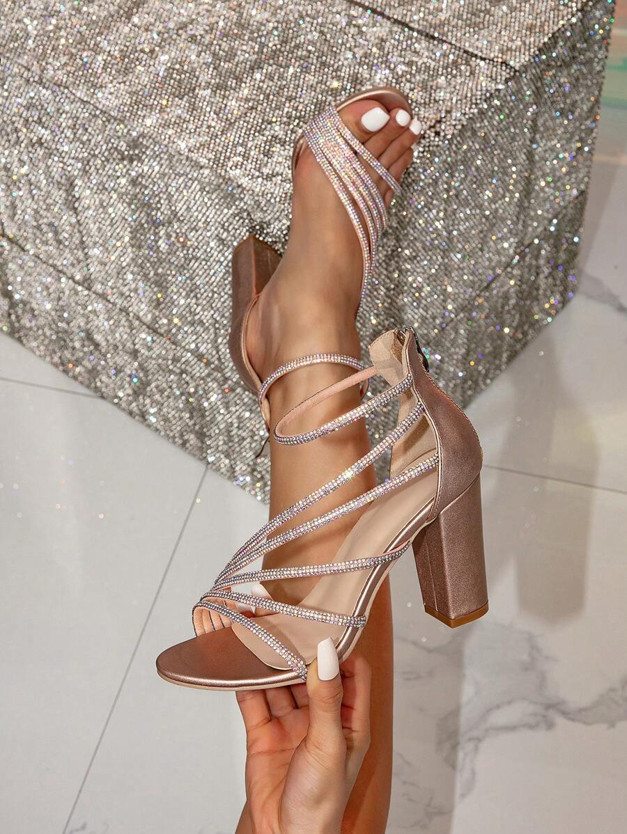 Sandalias de tacón ancho con rhinestones, estilo romano con cremallera trasera, puntera redonda minimalista, elegantes tacones altos para mujer para fiestas, nuevo modelo de verano 2025