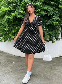 Solflare 大码女式针织波尔卡圆点图案短袖 A 字形收腰连衣裙，适合夏季 - 黑色 - 查看 4