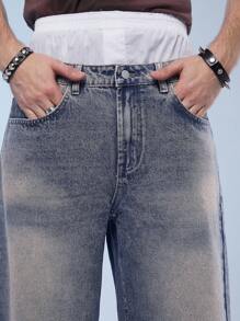 Manfinity Roghcode Quần short denim giản dị cho nam, phong cách đường phố - Rửa tối - Xem 7