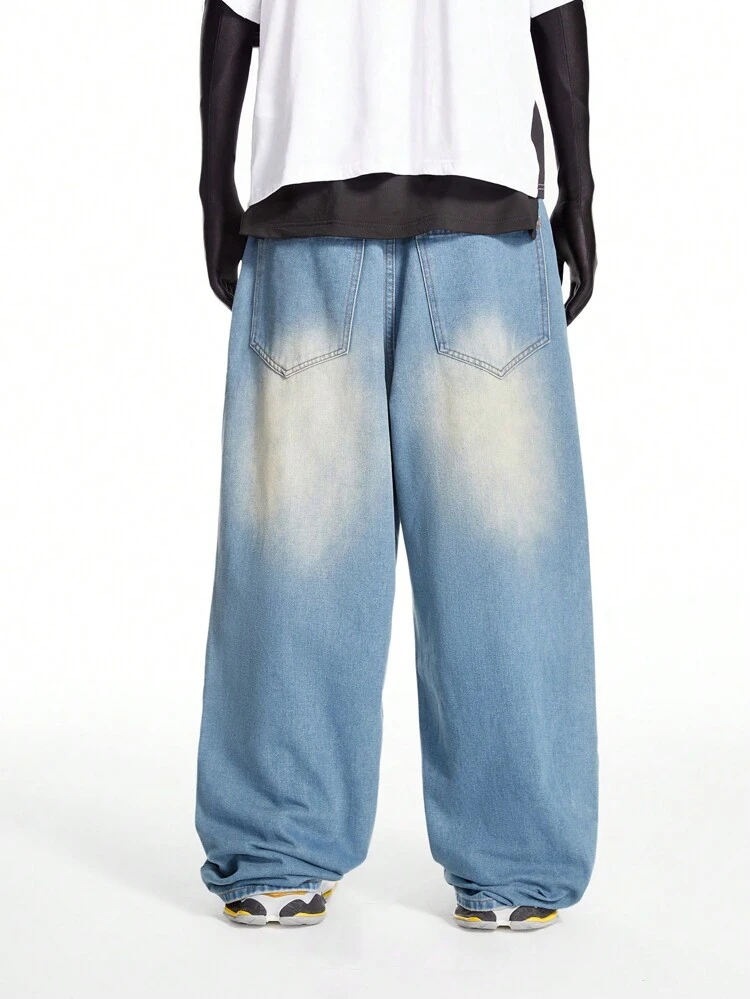 Men's Light Blue Faded Washed Loose Baggy Jeans With Wide Legs