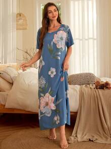 花卉印花蝙蝠袖睡衣长款睡裙 - 淺藍色 - 查看 4