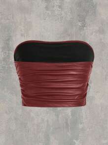 SHEIN EZwear 女式純色針織打摺無肩帶上衣 - 酒紅色 - 查看 2