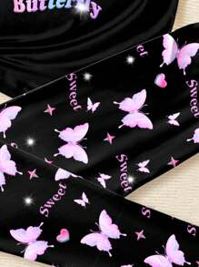 Conjunto de camiseta de manga corta y pantalón largo casual color morado con estampado de mariposa en dibujos animados para niña preadolescente, ajuste cómodo, adecuado para ropa de hogar en primavera y verano - Negro - Ver 4