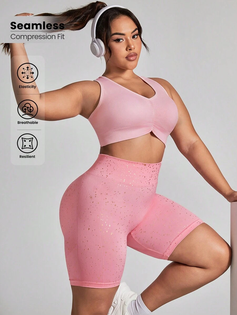 Easithlete Plus Size Women's High Waist Shorts And Sports Bra Set - Pink - View 1