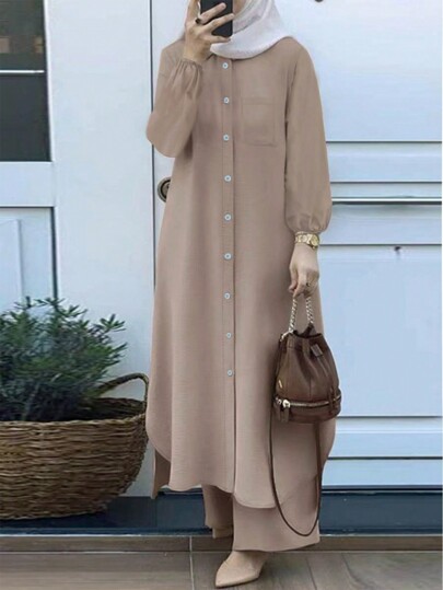 Ensemble 2 pièces pour femme : robe cardigan élégante de couleur unie à col rond et pantalon ample à taille élastique. Convient pour anniversaire, jardin, mariage, travail, tenue décontractée, printemps/été/automne