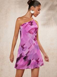 L'Amorae Brush Print Draped Open Back Dress - Violet Purple - View 4