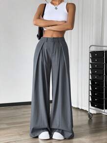 SHEIN EZwear 高腰寬腿折皺純色長褲，流暢輪廓，休閒風格 - 黑色 - 查看 4