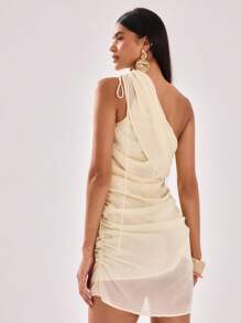 MUSERA One Shoulder Ruched Detail Mini Dress Spring Summer Sexy Vacation Party Party Elegant Chic Holiday - Apricot - View 2