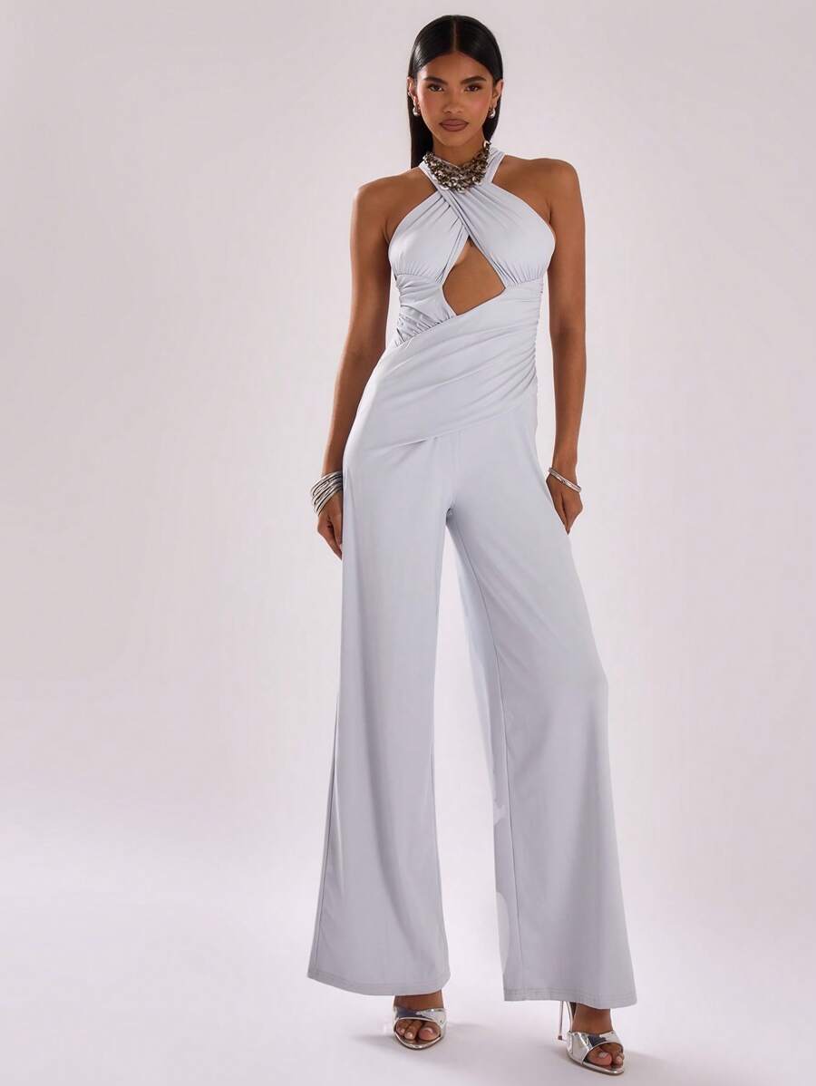 MUSERA 交叉前开衩连体裤性感夜店春夏度假优雅春季休闲装 - 淺藍色 - 查看 1