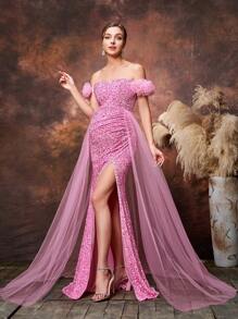 Maternity Off Shoulder Split Thigh Sequin Party Elegant Dress