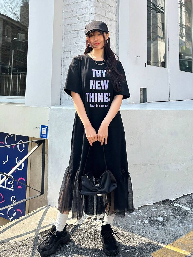 Letter Print Mesh Contrast Short Sleeve Dress Summer Sundress,Casual Women Dresses Maxi Dress