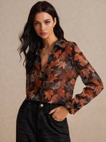 Poéselle Leaf Print Button Front Shirt,Long Sleeve Tops