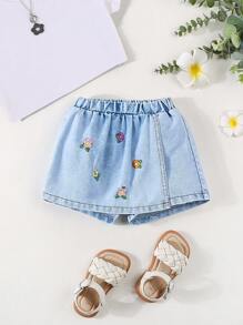 SHEIN Falda-pantalón vaquera con bordado floral para bebé niña - Lavado ligero - Ver 1