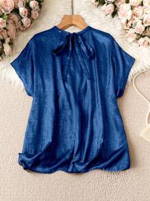 SHEIN Clasi Blusa de verano de manga murciélago Jacquard para mujeres con tallas grandes - Azul Marino - Ver 2