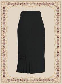 Vintamour Falda de rodilla elegante y vintage para mujer, falda ajustada negra de verano con decoración de lazo, ropa de maestra, falda negra de estilo 'old money' de negocios casuales, estética 'old money' para mujer - Negro - Ver 9