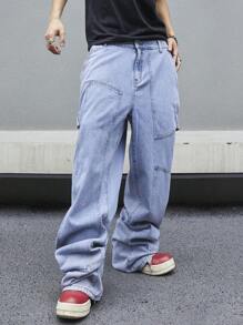 Manfinity EMRG Jeans holgados, de pierna ancha, informales y holgados con bolsillos para hombre