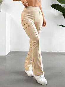 SHEIN EZwear Stretch Pull-On Kick Bootcut Cargo Pants - Khaki - View 4