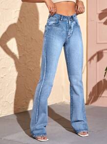 SHEIN Essnce Women's Embroidered Design Flared Jeans, Fashionable And Versatile - Light Wash - View 5