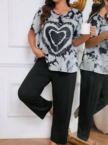 Plus Size Tie-Dye Short Sleeve Top & Solid Color Long Pants Pajama Set, Outfits - Black - View 2