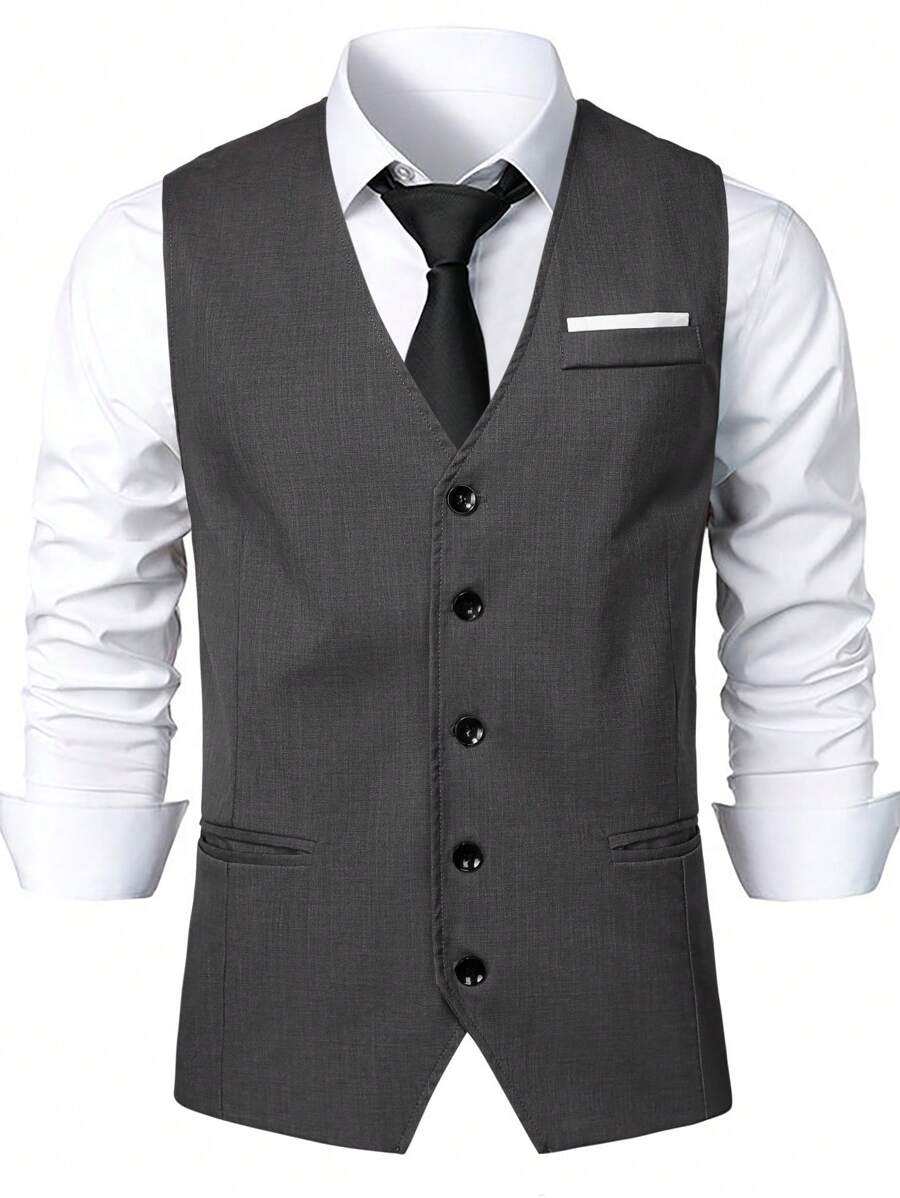 Calvornis Men's Single Breasted Placket Waistcoat Without Shirt - Dark Grey - View 1