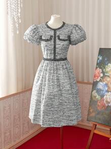 Women's Madeline Puff Sleeve Round Neck Two-Tone Summer Short Sleeve Dress