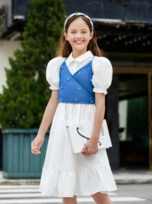 Váy thắt lưng màu trắng thanh lịch cho bé gái Tween với áo ba lỗ denim và bộ xếp lớp đính cườm - trắng - Xem 2