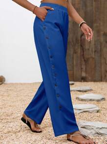 EMERY ROSE Pantalones largos cónicos informales para mujer con ajuste holgado, bolsillo lateral y decoración de botones