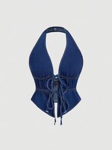 SHEIN MOD Women's Denim Backless Halter Top, Tie Front Sleeveless Asymmetrical Hem Top