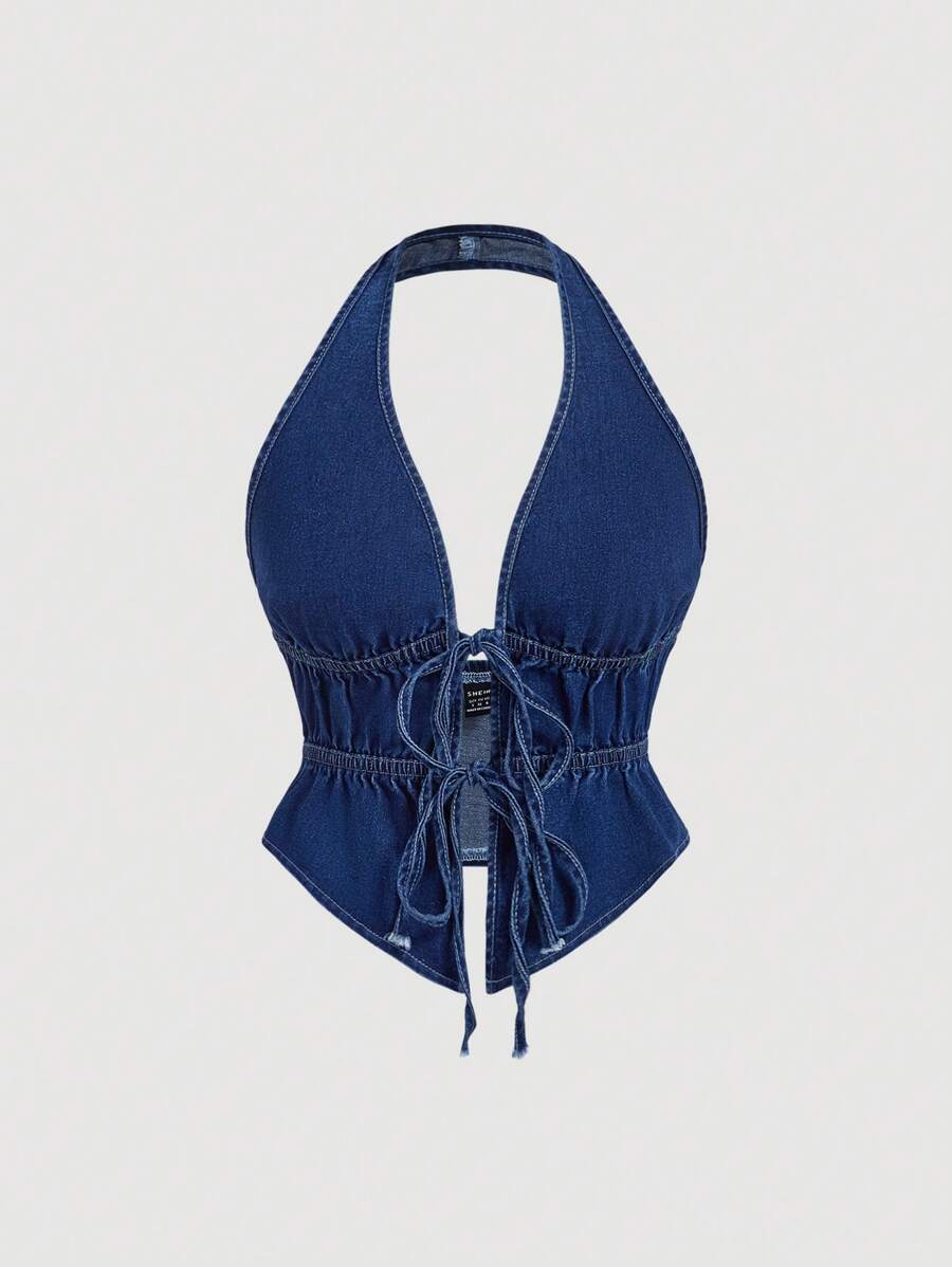 SHEIN MOD Women's Denim Backless Halter Top, Tie Front Sleeveless Asymmetrical Hem Top