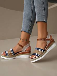 夏季彩色編織休閒海灘度假風格草編豆洲扣式鞋，帶有彩色楔形跟，女款，新款到貨 - 彩色 - 查看 3