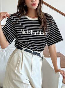 DAZY 女式夏季条纹字母印花圆领休闲落肩袖T恤，图案T恤 - 黑色 - 查看 7