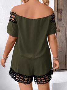 SHEIN LUNE Plus Size Women's Color Block Off Shoulder Top And Shorts, Simple Casual Two Pieces Set For Daily Wear - Green - View 2