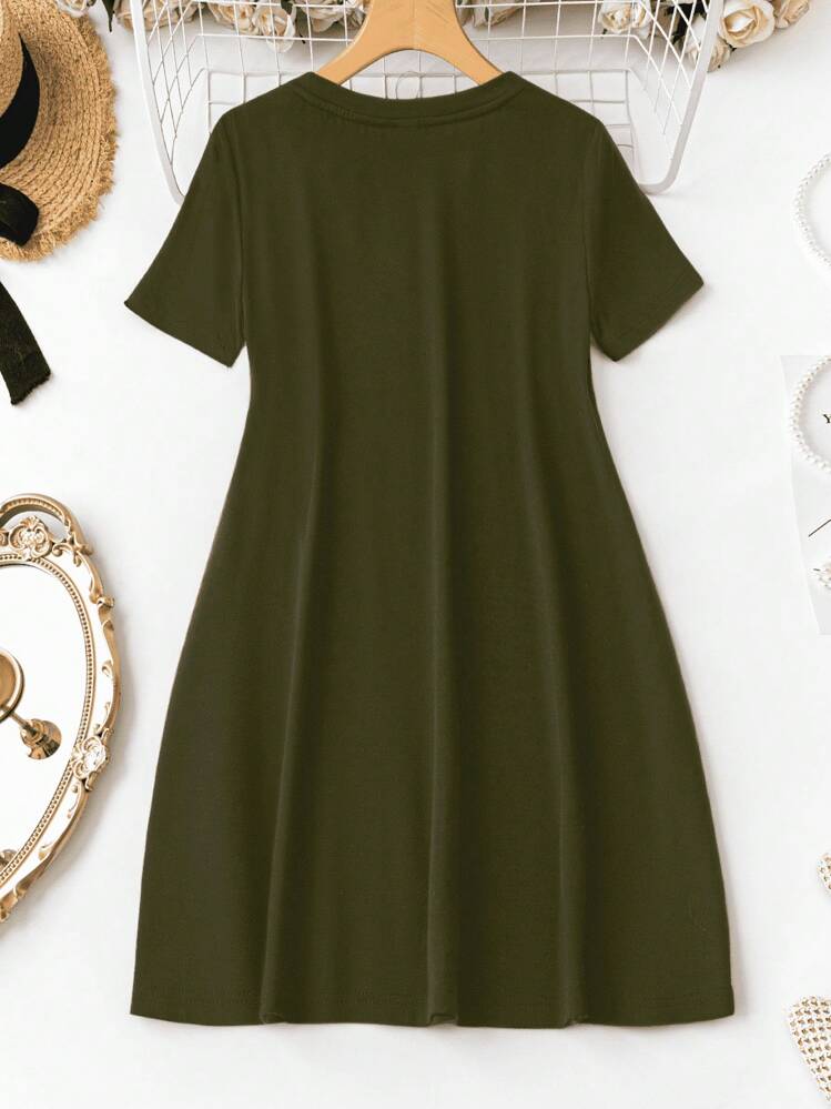 SHEIN LUNE Robe ample d'été à manches courtes et imprimé crâne pour femmes grande taille, style décontracté - Militaire verte - Voir 2